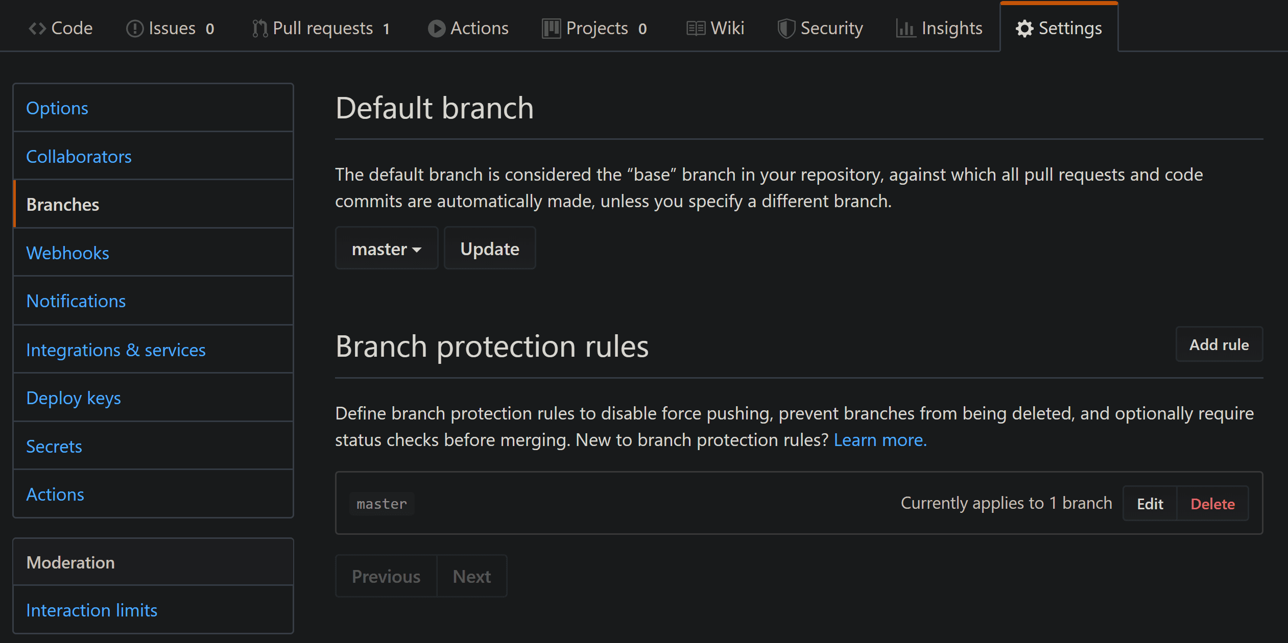 Github Settings > Branch